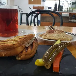 Caprese Grilled Cheese sandwich, apple pie pastry and blue berry hibiscus tea.