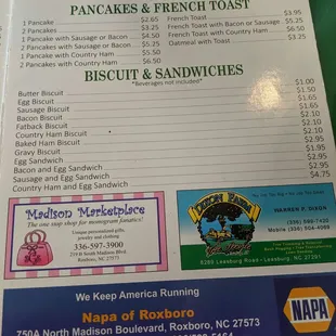 a menu for breakfast