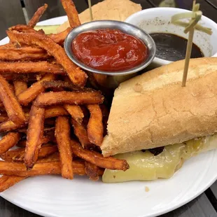 French Dip with sweet potato fries. This has got to be as good as the one at Philippe&apos;s The Original.