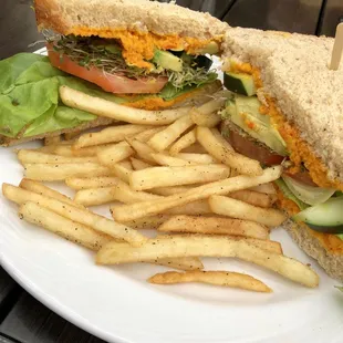 Inside the veggie sandwich.