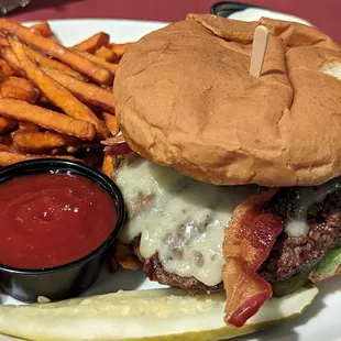a cheeseburger and fries