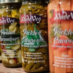 Pickled asparagus, pickled cucumbers, pickled jalapeños, pickled carrots, vegetables, woman owned business