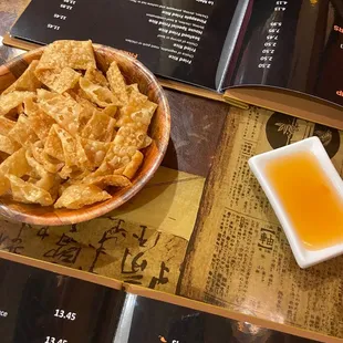 Wonton "chips" with sweet &amp; sour sauce