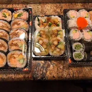 Rolls from left to right. Spicy Futomaki. Shrimp Tempura w soy wrapper. California. Asparagus.