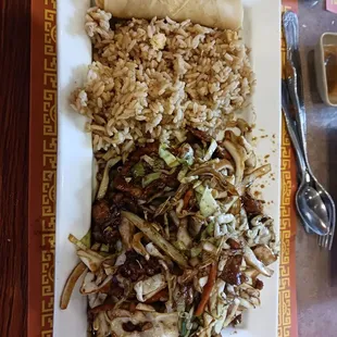 Mongolian pork, fried rice and spring roll