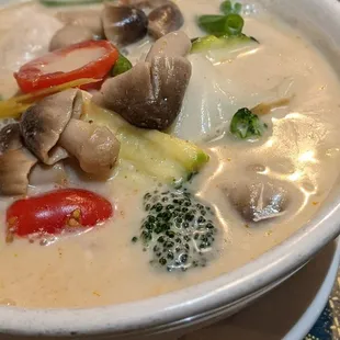 Tom kha (coconut milk broth) with veggies AND chicken (+$2) worth it.