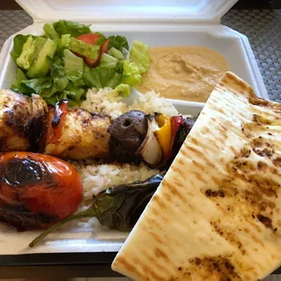 Kebab Plate w/ steamed rice, grilled tomato and chile, awesome hummus and green salad $9.99