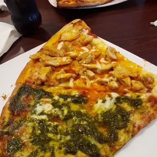 Pesto pizza and Buffalo pizza by the slice!