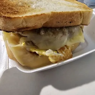 Joey's breakfast sandwich with Italian bread and their homemade sausage Patty