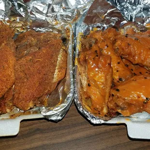 on the left - Ace Boogie (Black Magic Butter &amp; Dry Ranch)  on the right - Talk of Beaver Falls (Hot and Tangy)