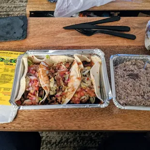 Jerk chicken tacos and rice