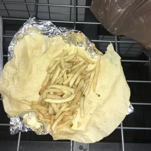 french fry burrito.
 Again NO rice, no beans , no guacamole or avocado, no salsa, no cheese , no sour cream.