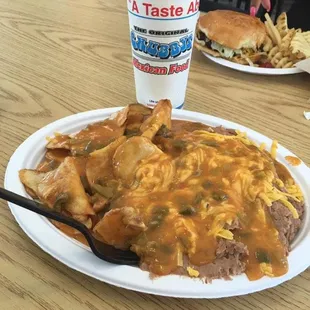 a plate of food and a drink