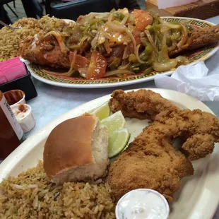 Whole Red snapper ranchero style and fried gar