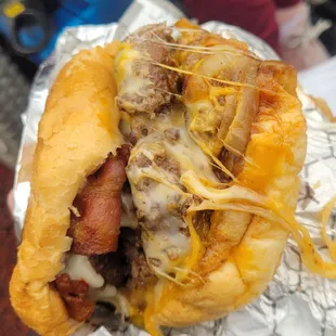 FOUR patties on the BBQ bacon burger - double the meat.