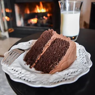 Chocolate cake and a cold glass of milk. Not much better except enjoying it in front of a fire :)