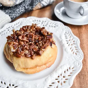 Pecan rolls made from scratch with our sweet roll dough, cinnamon-sugar, brown sugar glaze and fresh pecans.