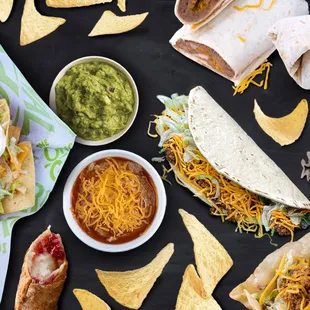 a variety of tacos and chips