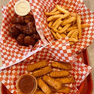 Wings, mozzarella sticks, fries
