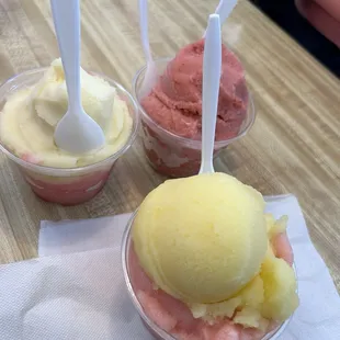 Mango and guava strawberry, strawberry and strawberry and pineapple freezes