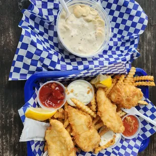 Halibut &amp; chips with a bowl of chowder.
