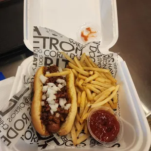 Boston Hotdog and Fries with ketchup