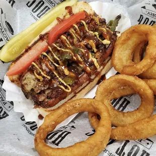 onion rings and a hot dog