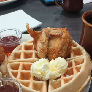 Chicken and waffles and coffee