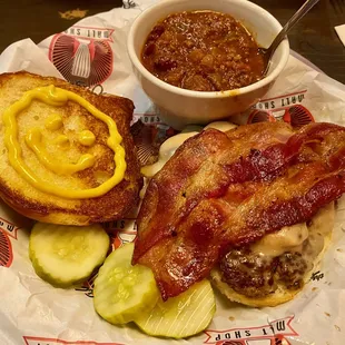 Mushroom &amp; Swiss with Bacon, subbed a cup of chili instead of fries