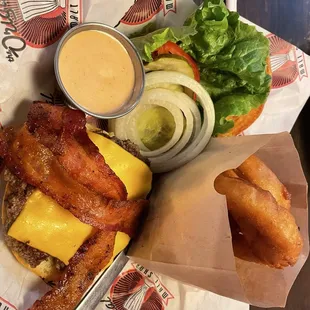 Loaded burger with onion rings