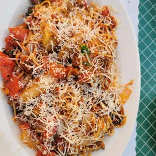 Dane's Dish with angel hair, bolognese and meatball.