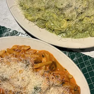 Top: Jlu's Tortellini with Creamy Pesto Sauce and Bottom: Sausage and Chicken Capri with Penne and Pink Sauce