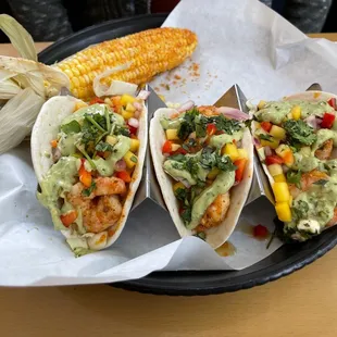 Shrimp tacos with street corn