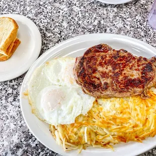 Ribey steak (10oz), eggs, hash browns