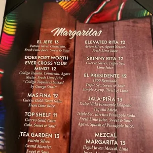 Margarita menu