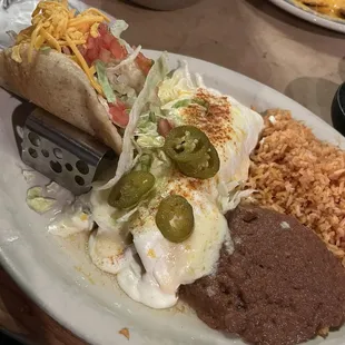 Puffy beef taco and sour cream chicken enchiladas.