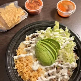 BURRITO CARNE ASADA BOWL and chips and house salsa