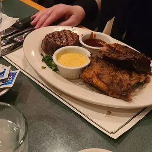 a plate of steak and a glass of water