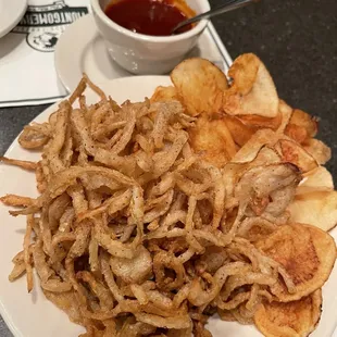 Onion Straws and Saratoga Chips w/ BBQ sauce