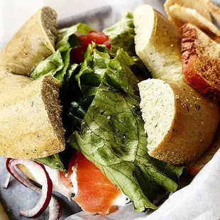 Nova On a Bagel 9.99 Choice of bagel, lox, onions, cream cheese, lettuce, tomato and capers.  Amazing.