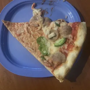 a slice of pizza on a blue plate