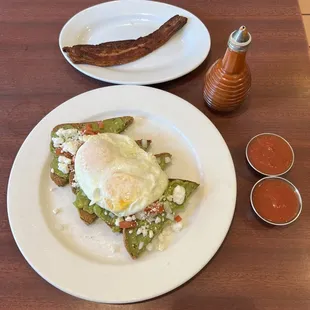 Avacado Avocado Toast Topped with 2 Eggs &amp; a side of Bacon Steak