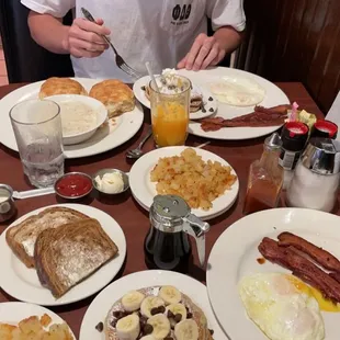 Coffee, Rye toast, eggs, Chocolate Chip Pancakes, bacon, biscuits and gravy and breakfast potatoes