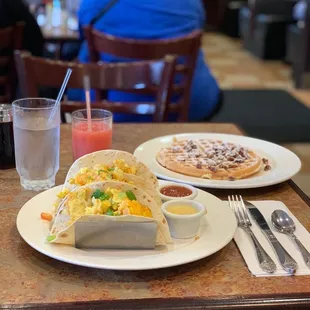 Breakfast Tacos &amp; Banana Pecan Pancakes less the Bananas.