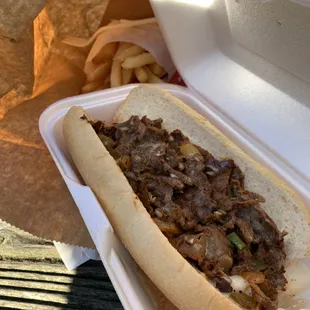 Full Philly Steak Sandwich with fries on the side - take out