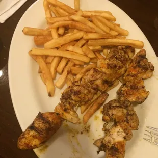 Chicken shish kebab and fries