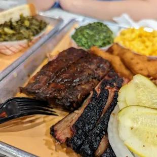 Three Meat Combo. $22.95. We chose Chopped Pork BBQ, Chili-Rubbed Beef Brisket, St. Louis-Cut Pork Ribs, Mac &amp; Cheese, Creamed Spinach.