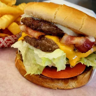 Double Cheeseburger with bacon and fries