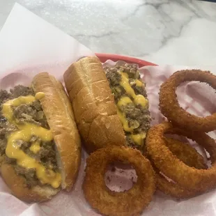 Cheese Steak with whiz and onion rings