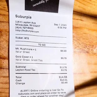 2 sandos $14.56 cash Suburpia
